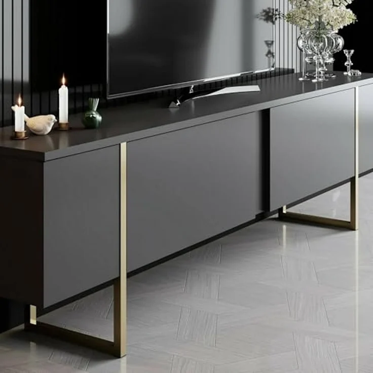 Dmora - Fernsehschrank Centaurus, Ständer für Wohnzimmerfernseher, Niedriges Wohnzimmer-Sideboard, TV-Ständerbasis, 180x30h50 cm, Anthrazit und Gold – Bild 7