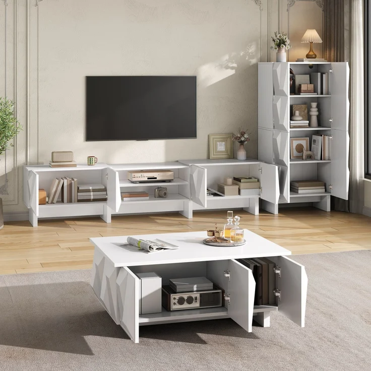 EINHOM Wohnzimmermöbel Set mit 3D-Front, Couchtisch, TV-Lowboard und Sideboard, Modernes Möbel-Set aus PB, Geometrisches Design – Bild 4