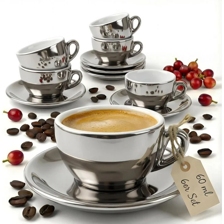 MUVELL Espressotasse 6x Espresso & Untertassen Set 0,8 cm dickwandig, chrome, 6-tlg, Keramik, 60 ml chrome mit weißen Rand und Innenfläche – Bild 1