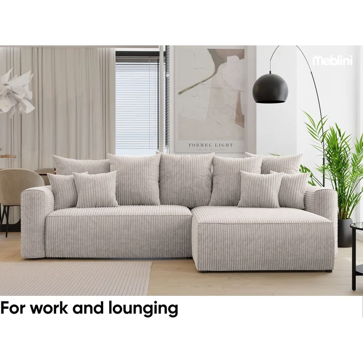 MEBLINI Schlafcouch mit Bettkasten - 260 x 160 x 78 cm - Beige Cordstoff - NAPLES - Kleines Ecksofa mit Schlaffunktion - Sofa mit Relaxfunktion und Kissen - Kleine Couch L-Form - Eckcouch – Bild 3