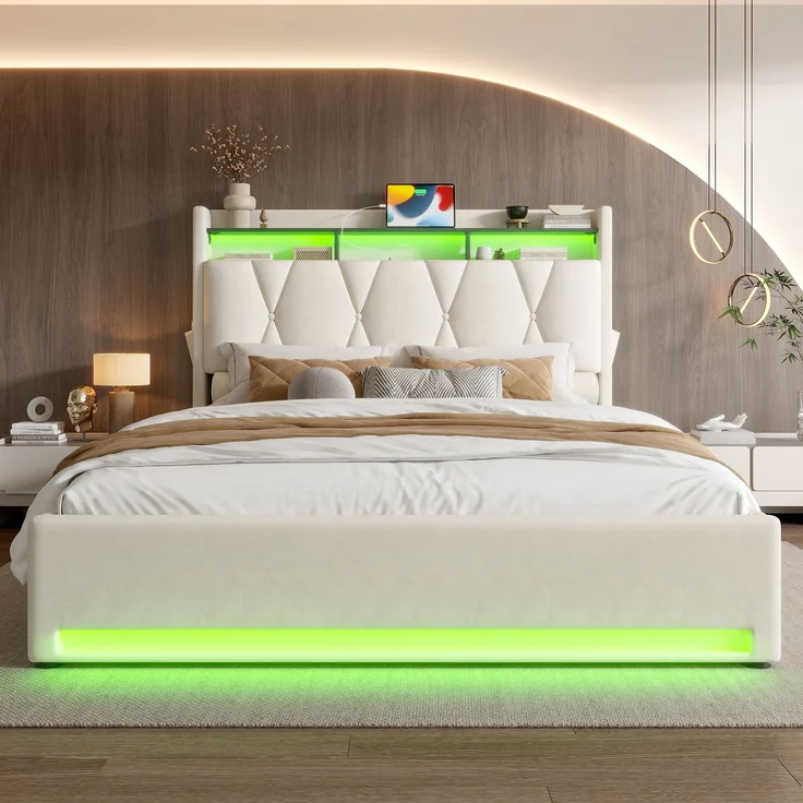 Polsterbett, Samt mit LED & Stauraum-Kopfteil, 140x200 cm, Beige, ohne Matratze – Bild 2