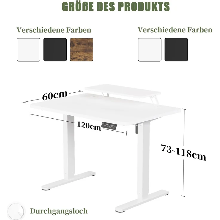 Devoko 120×60cm Elektrisch Höhenverstellbarer Schreibtisch mit Monitorständer, Computer-Schreibtisch, mit 2 Höhen-Speicherfunktionen, Weiße – Bild 3