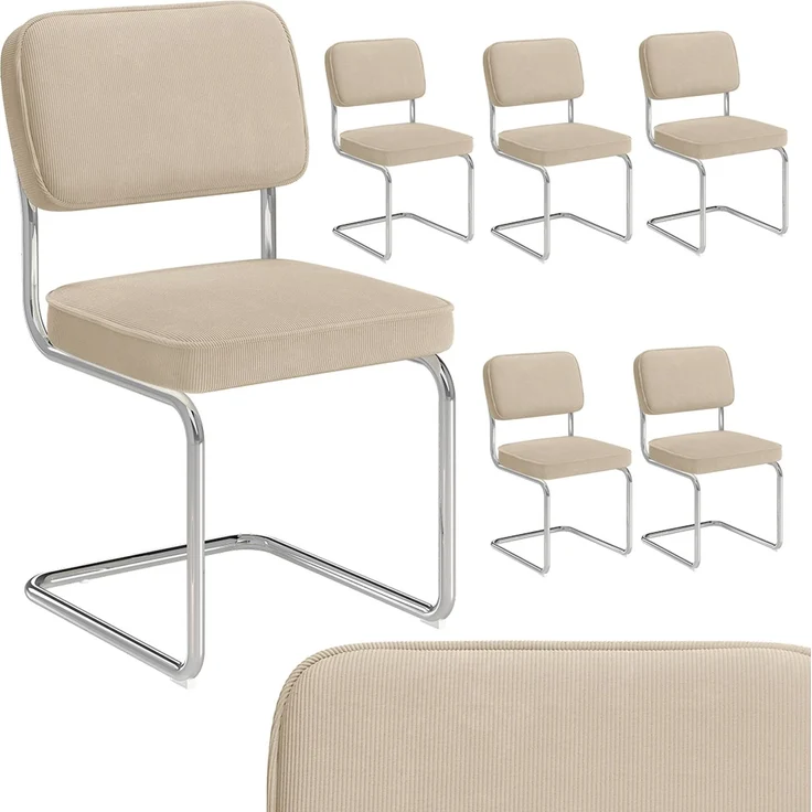 skølm 'Thund' Esszimmerstühle 6er Set, beige, Polsterstuhl aus Cord mit verchromten Metallgestell, Schwingstuhl bis 120 kg belastbar – Bild 1
