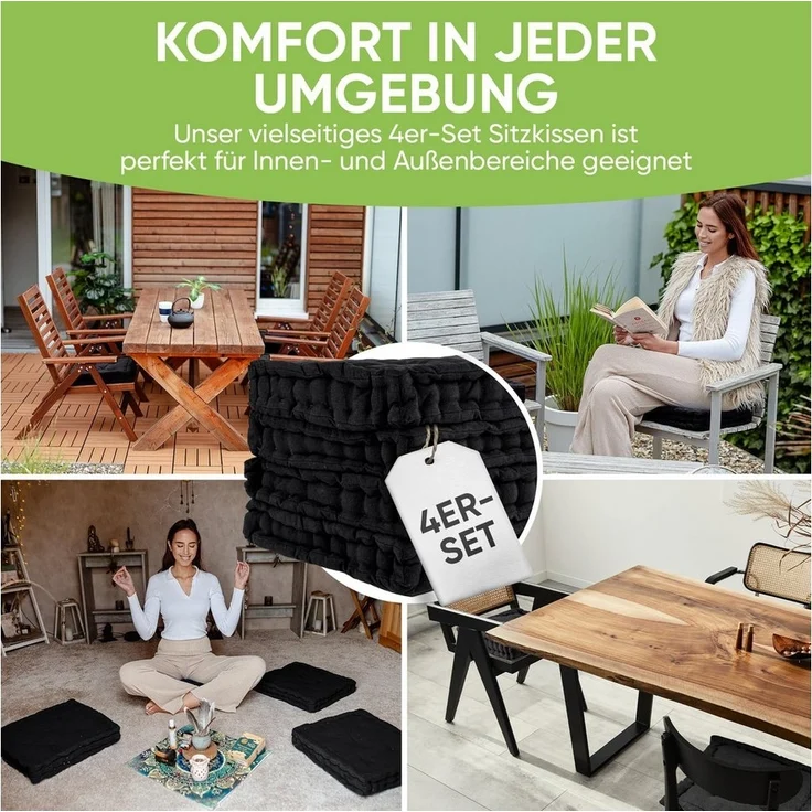 Gräfenstayn Sitzkissen 4er Set 40x40 cm mit 8 cm Polsterung aus 100 % Baumwolle -, robustes Sitzkissen für Indoor & Outdoor, bequemes Bodenkissen – Bild 3