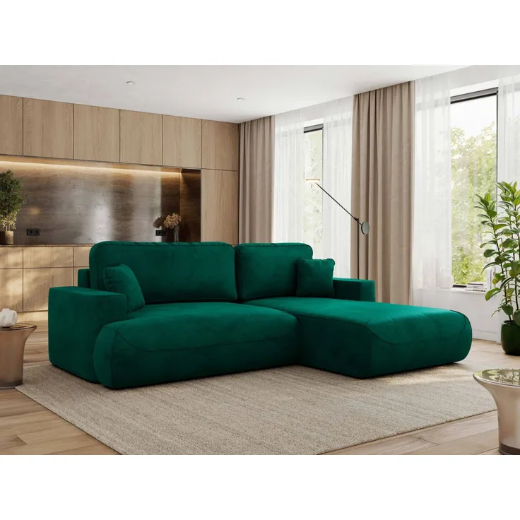 Ecksofa OVO mit schlaffunktion und bettkasten, Wellenfeder, lose Kissen, L-form 271x195 cm - Dunkelgrün Velvet - rechte Seite