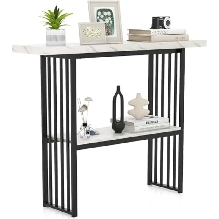 FANTASK 2 Ebenen Flurtisch schmal, Beistelltisch mit Metallrahmen, Konsolentisch Marmor Optik ideal für Wohnzimmer & Flur, 120 x 29,5 x 92,5 cm (Schwarz + Weiß)