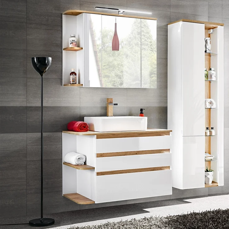 Badmöbel-Set mit Keramik-Waschtisch CAMPOS-56, Hochglanz weiß mit Wotaneiche, B/H/T: ca. 154/200/50 cm – Bild 2