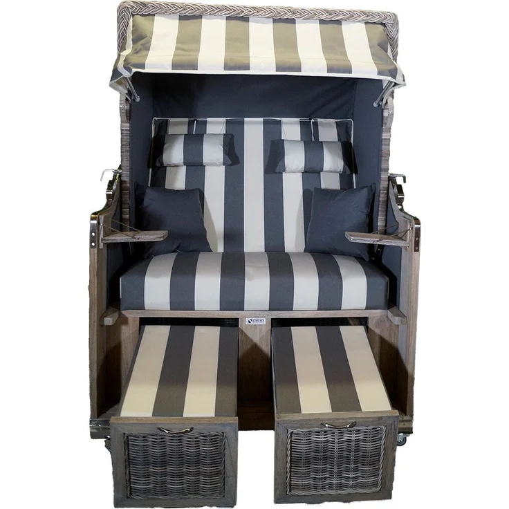 Strandkorb Teak Grey Washed grau / weiß Stoff 2 Sitzer Voll-Liegemod. – Bild 3