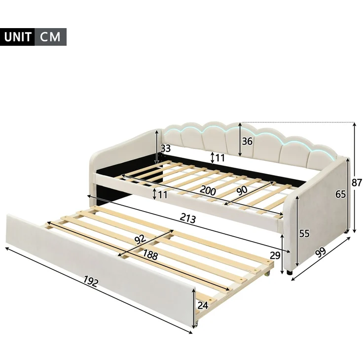 Ausziehbett 90×200 cm mit LED-Beleuchtung und Rollbett, Samt Beige, ohne Matratze – Bild 10