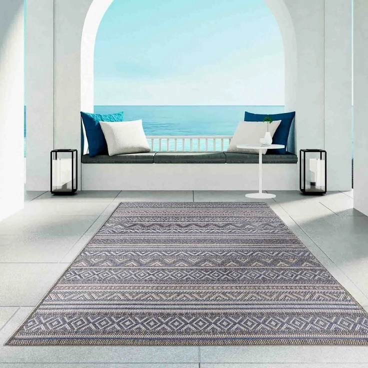 TaraCarpet Teppich Regina Teppich aus robustem Flachgewebe für In und Outdoor, rund, Höhe: 7 mm, Küche Wohnzimmer Terrasse Garten Balkon Boho blau 160x160 – Bild 5
