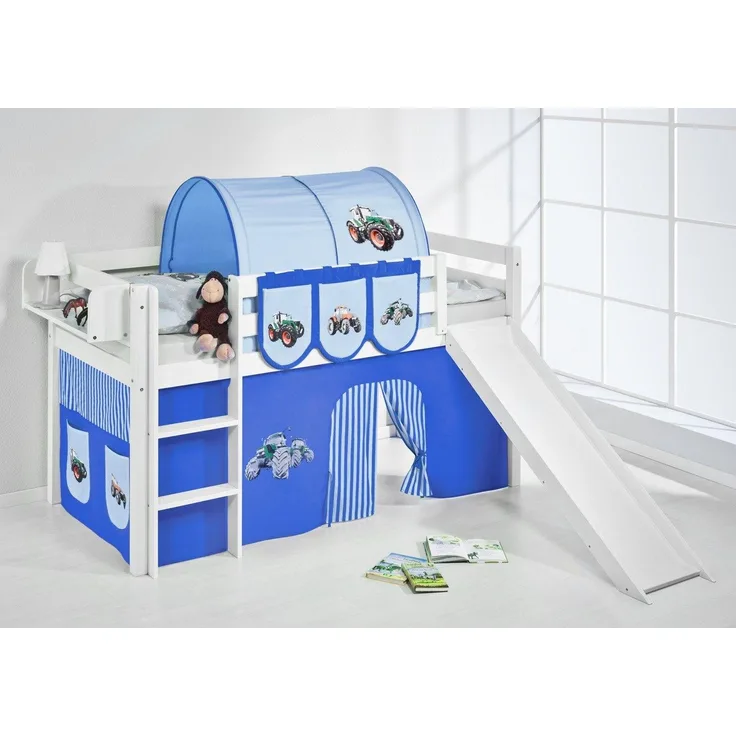Lilokids 'Jelle' Spielbett 90x200 cm, Trecker Blau, Kiefer massiv, mit Rutsche und Vorhang