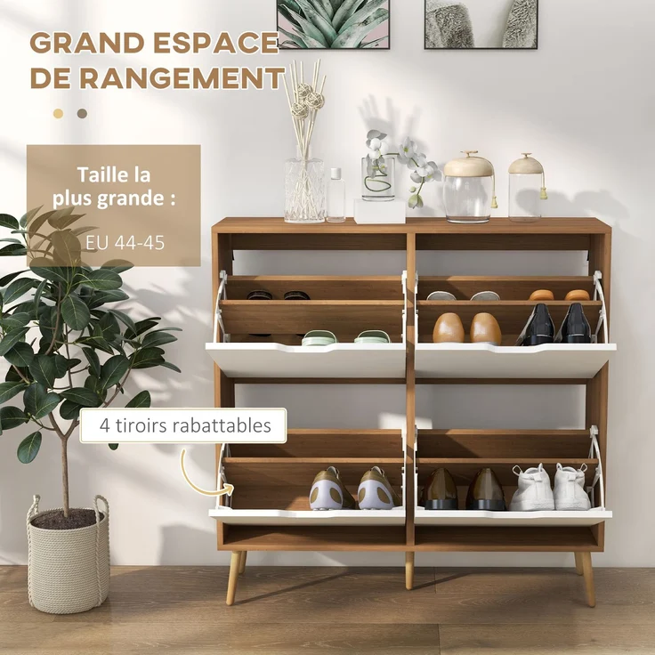 Schuhschrank mit 4 Klappen für 16 Paar Schuhe, mit verstellbarem Einlegeboden, Füße aus Kiefernholz, 95 x 26 x 95 cm, natur – Bild 6
