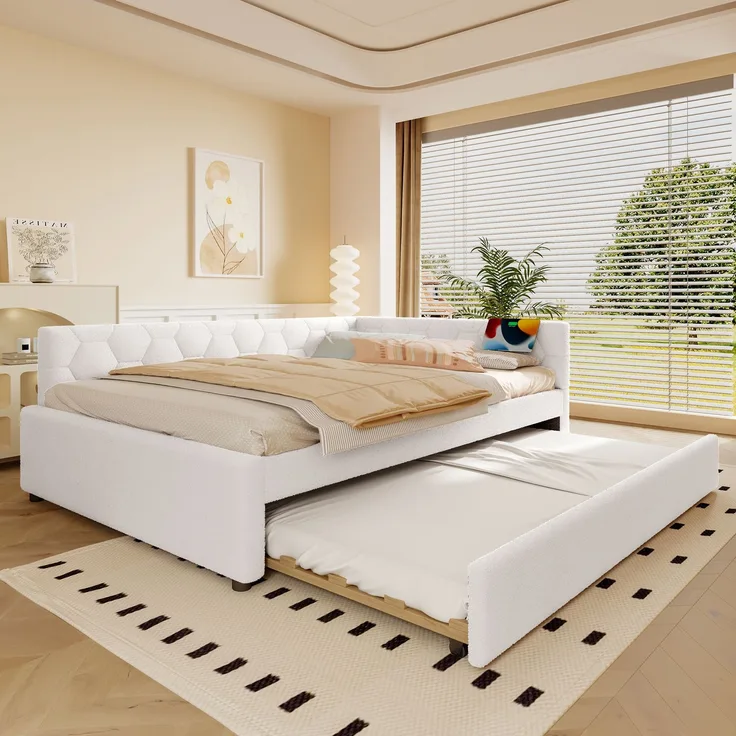 Daybett, 140*200cm Tagesbett, Schlafsofa, Bett mit Lattenrost (ohne Matratze), mit Nachttischlampe, mit multifunktionalem Ausziehbett, USB-Anschluss, Typ-C, Komfortmaterial, Vliesimitat, Weiß
