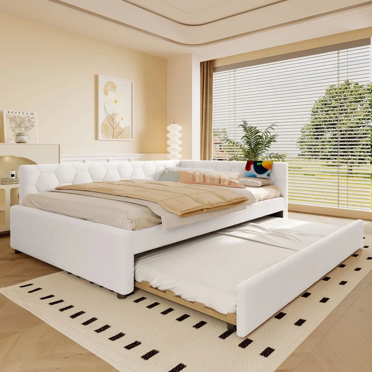 Daybett, 140*200cm Tagesbett, Schlafsofa, Bett mit Lattenrost (ohne Matratze), mit Nachttischlampe, mit multifunktionalem Ausziehbett, USB-Anschluss, Typ-C, Komfortmaterial, Vliesimitat, Weiß – Bild 1