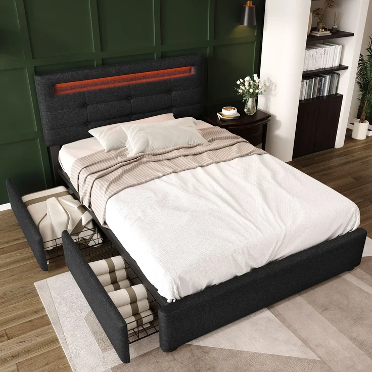 Einzelbett 90 × 200 cm mit LED-Beleuchtung, verstellbarem Kopfteil, 2 Schubladen, Leinenbezug in Schwarz, modernes Design – Bild 3