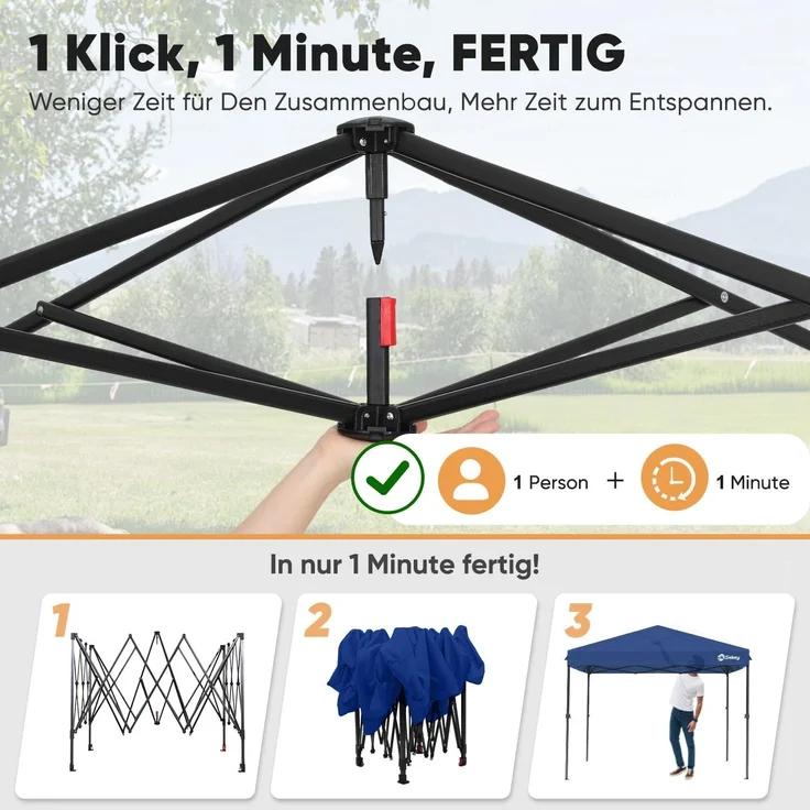 Sekey Premium Pop Up Pavillon 3x3 Wasserdicht Stabil, 3 x 3 m Pavillon mit Seitenwänden, Faltpavillon Partyzelt Faltbar für Camping Party, Höhe Verstellbar 250-270cm, (Navy, Ohne Seitenwände) – Bild 2