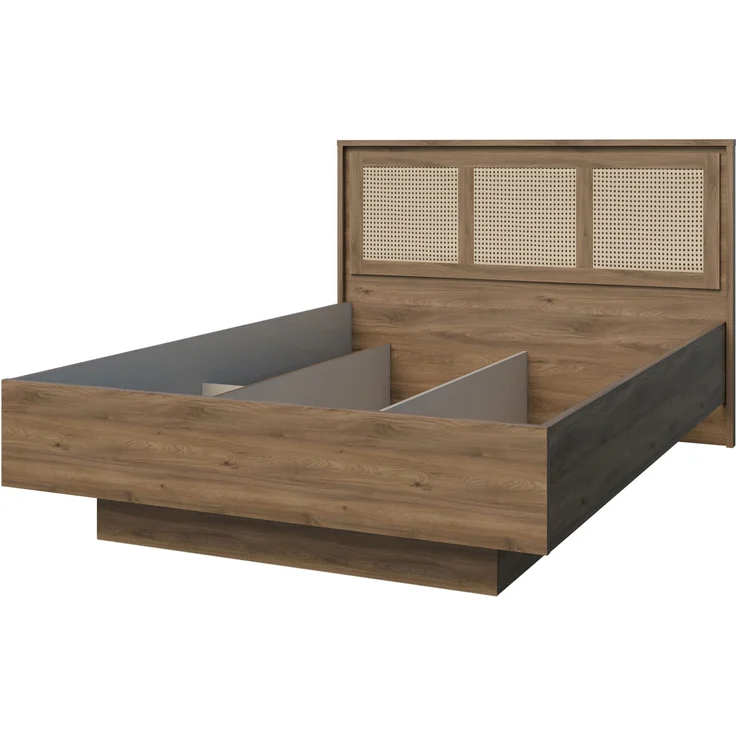 Forte GLENKEEN Bett, Liegefläche 140 x 200 cm, Bettgestell im Bohostil mit Rattangeflecht, Stauraum, Valencia Eiche Holzdekor | Naturrattan, 149,9 cm breit x 105,5 cm hoch x 204,9 cm tief – Bild 8