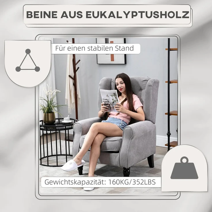 EINHOM Einzelsessel Relaxsessel Ohrensessel 74 x 86 x 102 cm, Akzentsessel mit Tufting, Holzfüße, Polyester Grau, stilvoller Komfort für Ihr Zuhause – Bild 6