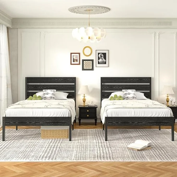 VECELO 2er-Set Bettgestelle 90x200 cm, Einzelbetten mit dickem Holzkopfteil und Metall Lattenrost, stabil und geräuschlos mit 31 cm Stauraum, Industrial Design für Schlafzimmer, Schwarz – Bild 2