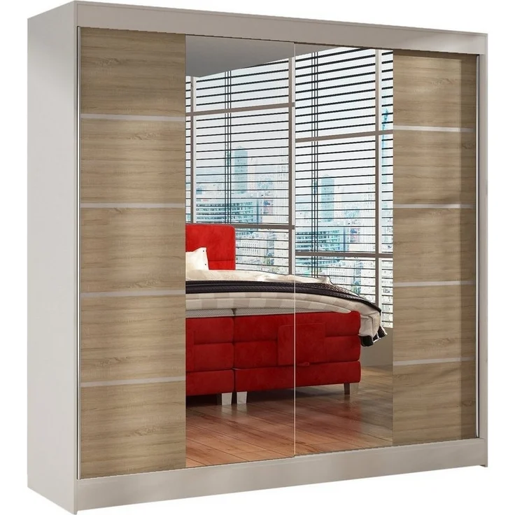 Schwebetürenschrank Basti V 200 cm mit Spiegel - Kleiderschrank mit 2 Türen, Kleiderstange und Einlegeboden, Schlafzimmerschrank, Schiebetürenschrank 200x215x58 cm (Weiß/Sonoma) – Bild 5
