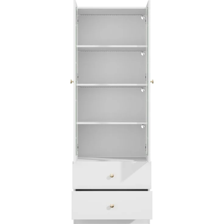 ZUBALIYA Glasvitrine, Küchenschrank, Aktenschrank, Sammelfiguren-Vitrine, 4 Ebenen Spielzeugschrank mit 2 Schubladen, LED-Leiste mit RGB-Farbwechsel per App steuerbar, goldene Metallgriffe, weiß, 60x35x170 cm – Bild 14