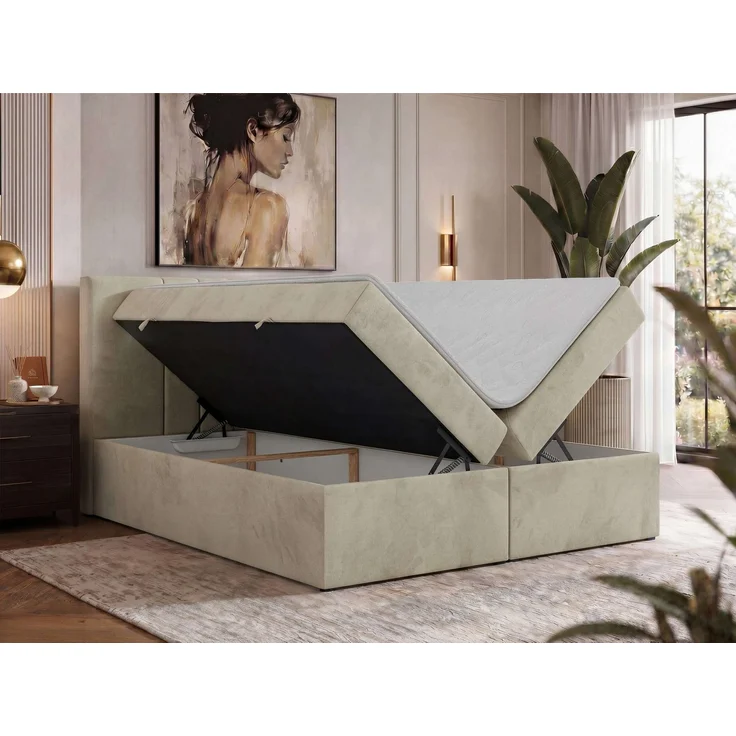 Boxspringbett INERO 140 x 200 mit Matratze H4 und Topper T25, 7-Zonen-Multipocket-Kern, zwei Bettkästen, Doppelbett, gepolstert Kopfteil - Beige Velvet – Bild 4