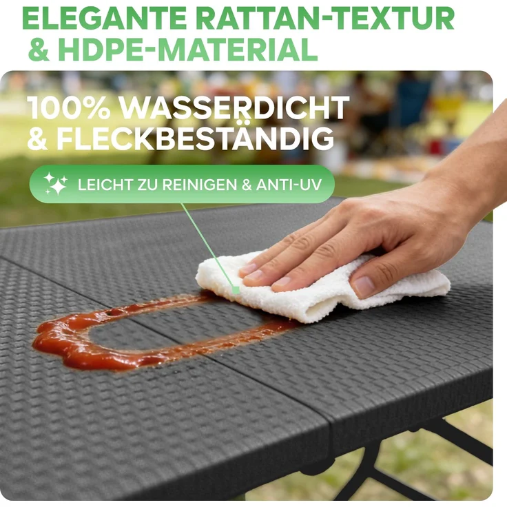 Eiryss Klapptisch 180cm Schwarz Rattan-Optik HDPE – Tragbarer Gartentisch mit 3 Sicherheitsverriegelungen, Camping & Picknick, 150kg – Bild 5