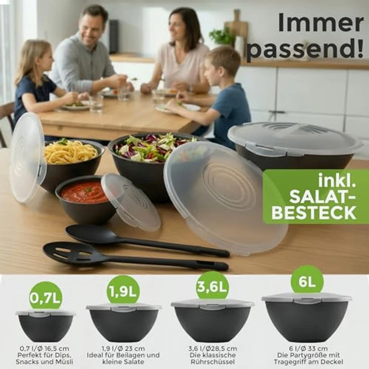 Hausfelder Salatschüssel Set groß, Schüsselset mit Deckel aus Kunststoff BPA-frei, Kunststoff, (Set, 21-tlg), Schüsseln 2x6 L, 2x3,6 L, 2x1,9 L, 2x0,7 L + 2 x Salatbesteck – Bild 3
