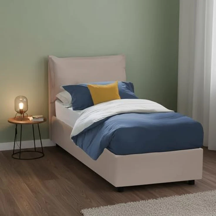 Talamo Italia - Einzelbett Emilia, Bettkasten mit Kunstlederbezug, 100 % Made in Italy, Öffnung vorne, inklusive Matratze 90 x 200 cm, Taupe – Bild 1