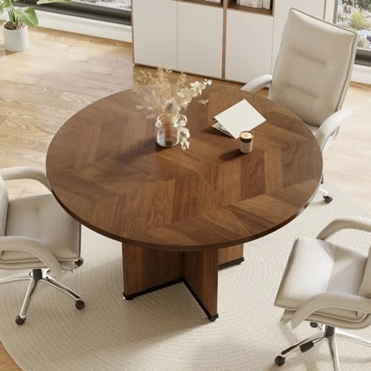 LITTLE TREE Kleiner Konferenztisch (99 cm) für 4 Personen, runder Besprechungstisch mit X-förmigem Fußgestell, für Büro, Konferenzraum, kleine Räume, Dunkelbraun – Bild 4
