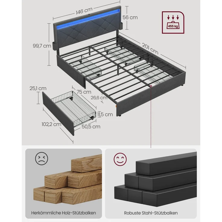VASAGLE Doppelbettgestell, Bettgestell, 140 x 200 cm, LED, Metallbett, 4 Schubladen, Ladestation, verstellbares gepolstertes Kopfteil, schiefergrau RMB827G02 – Bild 5