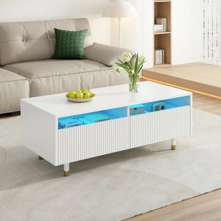 Merax Couchtisch Sofatisch Beistelltisch mit LED-Beleuchtung (1-St), Wohnzimmertisch mit 2 Schubladen & Massivholzbeinen, 110×50×40 cm – Bild 4