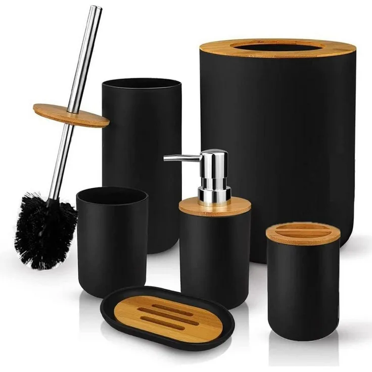 Refined Living Badaccessoire-Set 6St Badset Badezimmer zubehör Badaccessoires set seifenspender, Zahnbürstenhalter Mülleimer Spülbecher Seifenschale WC Bürste, 6 tlg, Badezimmer Utensilien Schwarz Matt Deko Modern für Zuhause Wohnung