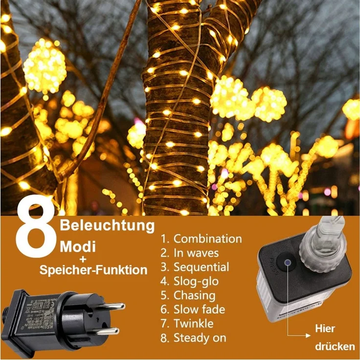 LMaxhome LED-Lichterkette 10-100M Lichterschlauch Weihnachten Party Beleuchtung Speicherfunktion, 100-800LEDs, 8 Modi, Wasserdichte Weihnachtsbeleuchtung Außen Garten – Bild 2