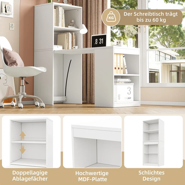 Flieks Schreibtisch 130x55x137 cm Klapptisch 2-in-1 mit Stauraum & Schrank, Multifunktionaler Computertisch mit 4 Fächern, Weiß – Bild 6