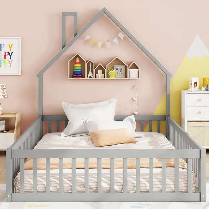 Hausbett mit Lattenrost und Rausfallschutz, 140x200 cm, Kinderbett, Jugendbett, Kiefer – Bild 2