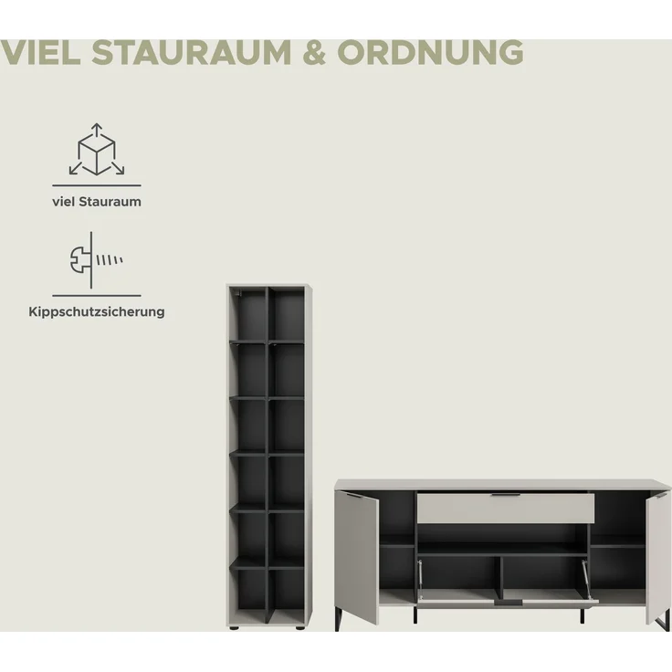 Wohnkombination B/H/T: 245x192x41 cm in Kaschmir Nachbildung und schwarz – Bild 9