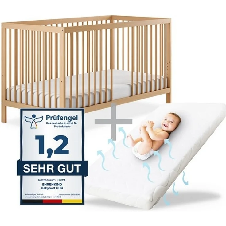 Ehrenkind® Babybett PUR inkl. Matratze 120x60 Buchenholz | Natur | Kinderbett 9-Fach höhenverstellbar mit entnehmbaren Stangen | Baby Bett – Bild 4