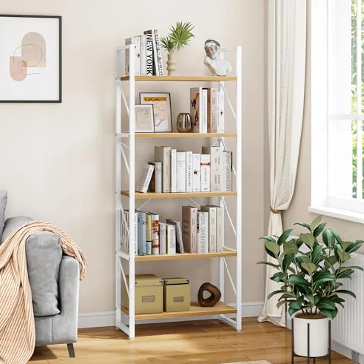 YITAHOME Bücherregal mit 5 Ebenen，Industrielles Standregal Aufbewahrungsregale für Wohnzimmer Bücher Schlafzimmer Büro Küche Zeitschriften, Weiß und Holzfarbe – Bild 2