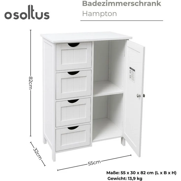 osoltus Badezimmerschrank Beistellschrank Hampton 55 x 30 x 82 cm Weiß – Bild 2