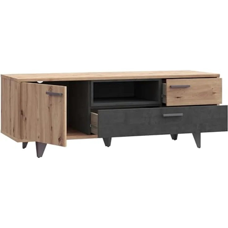 Forte Raven TV-Schrank 150 160, moderner Schrank mit 1 Tür, 2 Schubladen, Holzwerkstoff, Artisan Eiche Holzdekor/Betonoptik Dunkelgrau, 154,5 cm breit x 54,4 cm hoch x 52,2 cm tief – Bild 7