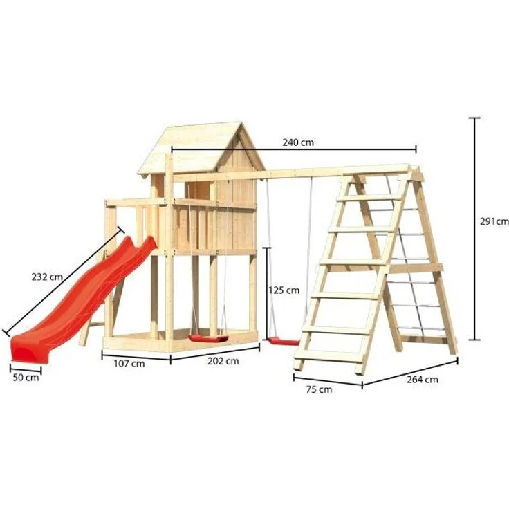 Karibu Kinderspielhaus Frieda Set Aktion2 naturbelassen mit Anbau, Doppelschaukel, Klettergerüst und Rutsche rot – Bild 16