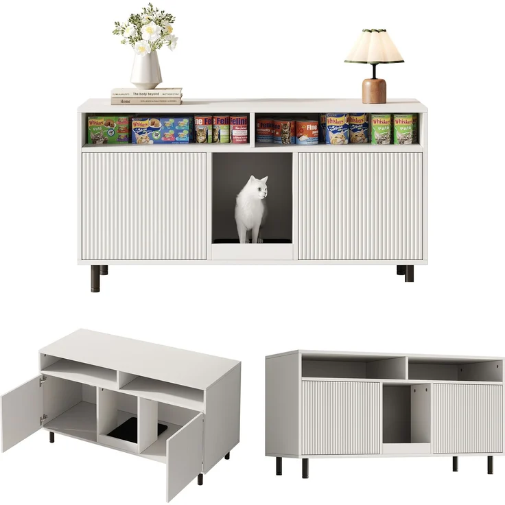 Katzentoiletten-Schrank/Katzenstreuwanne-Schrank mit Sandauffangmatte, Haustier-Schrank mit Ablage, Haustier-Sideboard/TV-Schrank, ohne Katzenstreuwanne, 120 x 50 x 66 cm, Weiß – Bild 5