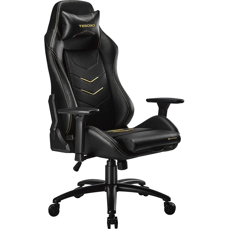 Tesoro Alphaeon S3 Gaming Stuhl F720 Gaming Chair Chefsessel Schreibtischstuhl mit PU Kunstleder, Lordosenstütze und Seat Xtension Sitzflächenerweiterung Gelb/Yellow