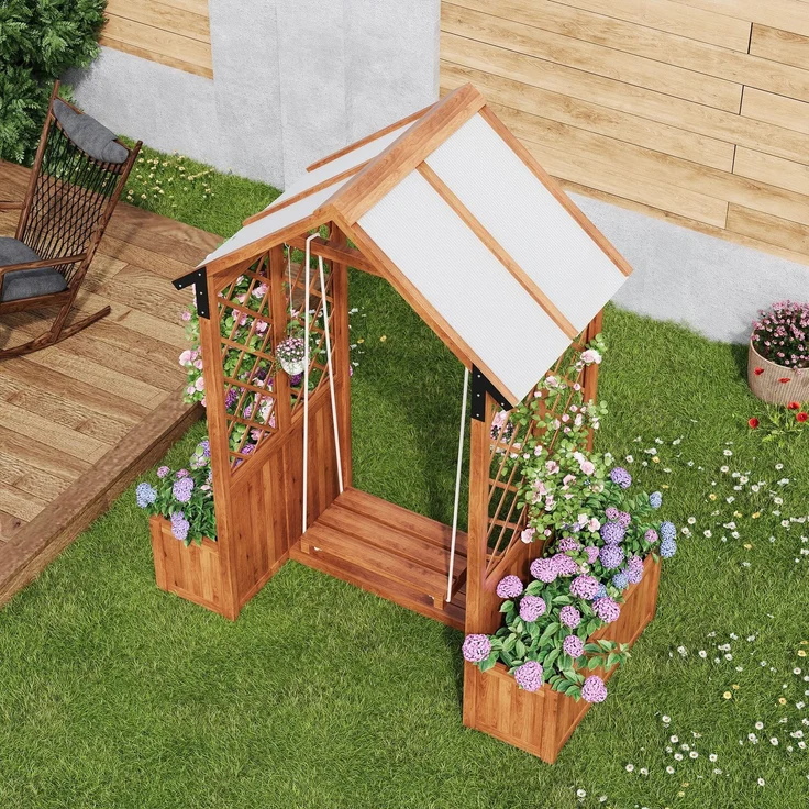 Spalier mit Blumenkasten und Schaukel, Holz-Pflanzengitter, Pflanzkasten, Rankgitter, Rankhilfe – Bild 5