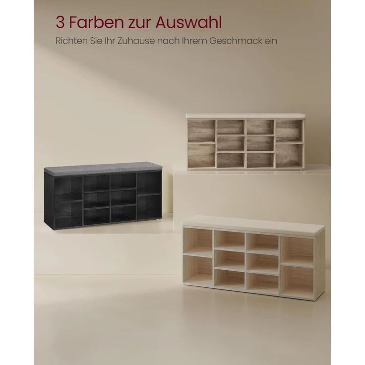 VASAGLE Schuhbank, Schuhregal mit Sitzfläche, Sitzbank mit Stauraum, gut gepolstert, Flurbank mit 10 Fächern, verstellbaren Ablagen, für Schlafzimmer, 30 x 104 x 48 cm, kamelbraun LHS010K02 – Bild 7