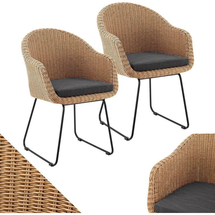 Juskys Rattan Korbsessel Cody 2er Set mit Kissen - Indoor & Outdoor Rattanstühle - Korbstuhl bis 100 kg belastbar - Korbstühle modern - Stühle Natur – Bild 1