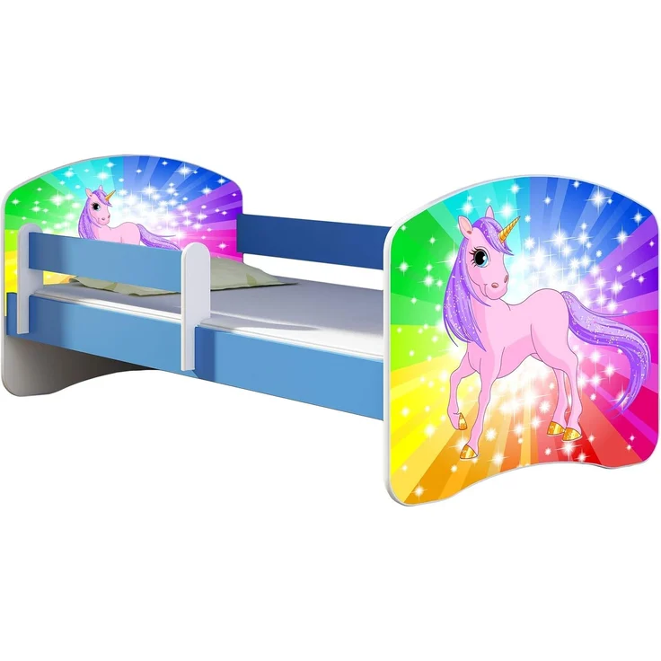 ACMA Kinderbett Jugendbett mit Einer Schublade und Matratze Blau mit Rausfallschutz Lattenrost II 140x70 160x80 180x80 (18 Pony Regenbogen, 140x70) – Bild 1