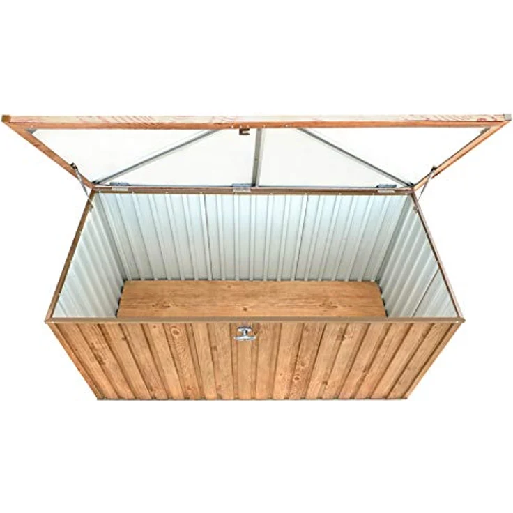Duramax DH 1.9 (1450 L) Kissenbox aus Metall mit hydraulischer Gasdruckfeder und Vorhängeschlossöse, Terrassenbox und Gartenmöbelaufbewahrung für den Außenbereich, Holzmaserung – Bild 11