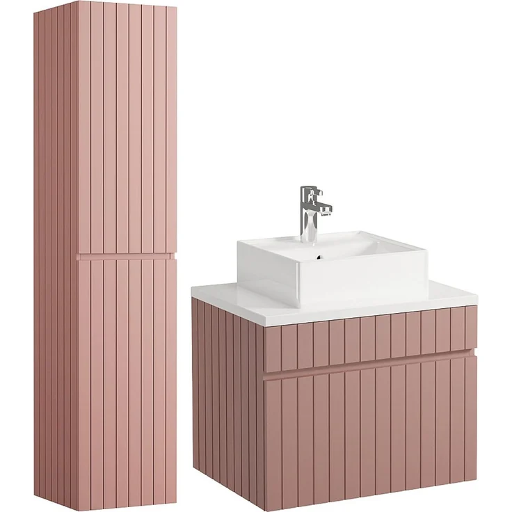 Vente-unique - Waschbeckenunterschrank hängend mit Ablagen & Aufsatzwaschbecken - Streifenoptik - Rosa - 60 cm - SATARA – Bild 3